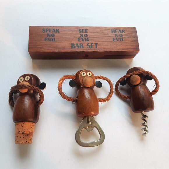 Vintage MCM Wood Wise Monkey Wine Bar Tools Set Hear See Speak No Evil Barware - Picture 5 of 12